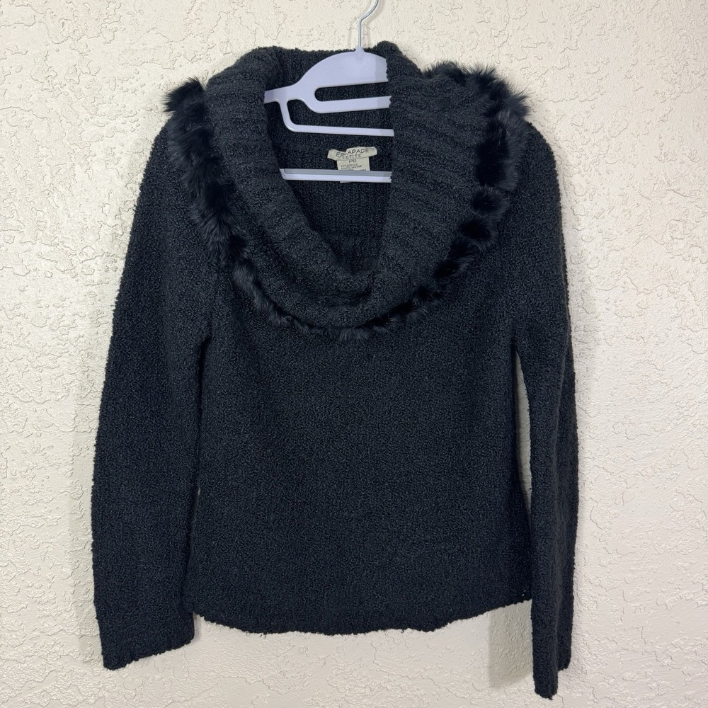 Escapade Black Boucle Knit Rabbit Fur Trim Cowl‎ Neck Sweater Sz PS Mob Wife